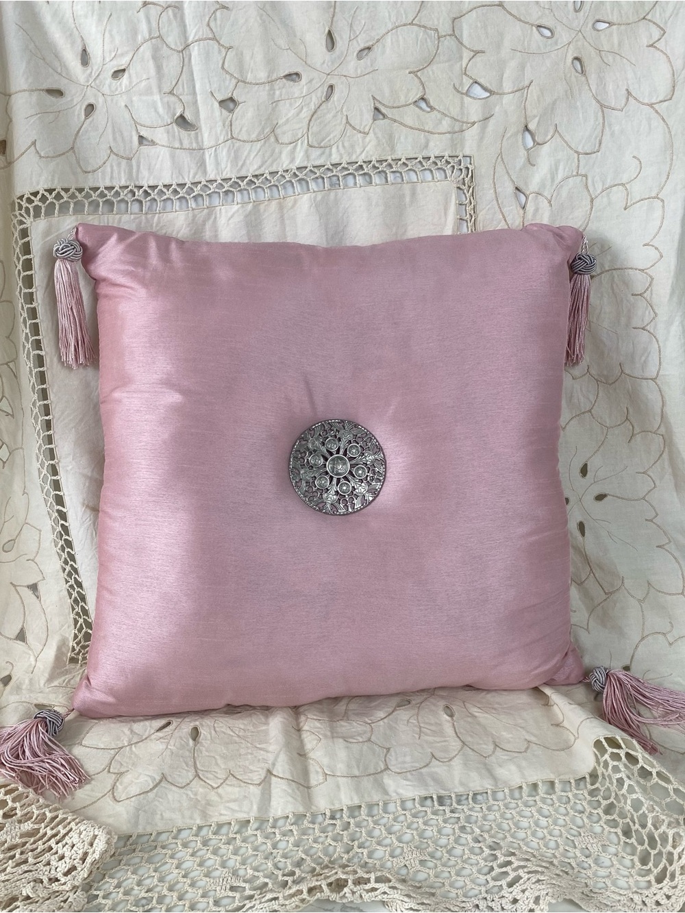 Vintage Pink Silk Accent Pillow w/ silver medallion and tassels 60s 70s